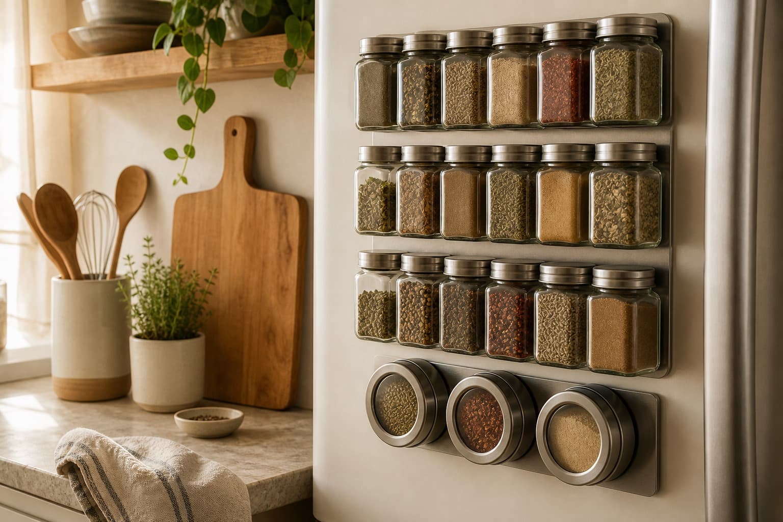 Magnetic glass spice jars arranged on a small cream kitchen fridge beside herbs, wood utensils, and linen.