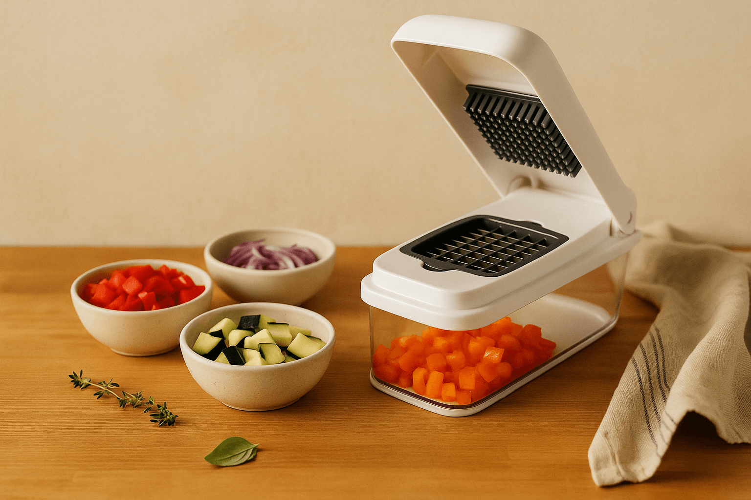 A wooden countertop scene with a vegetable chopper surrounded by freshly chopped bell peppers, onions, and zucchini in small ceramic prep bowls, soft morning light