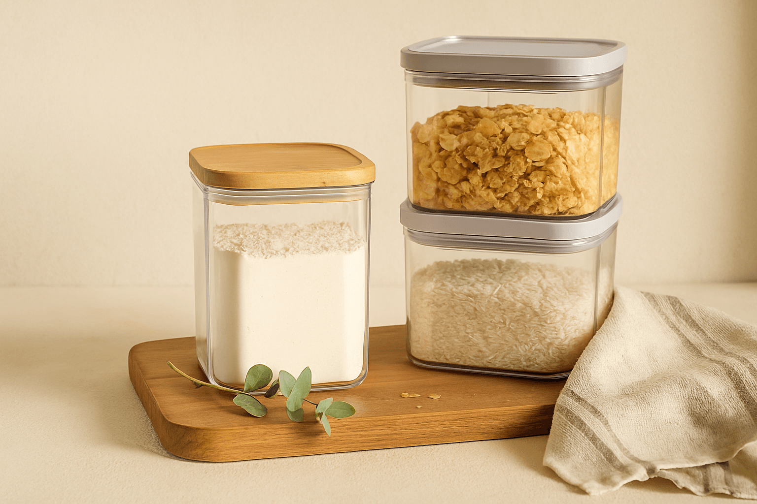 A warm, sunlit kitchen counter with stacked glass and clear plastic pantry containers filled with flour, rice, and cereal, styled with a linen towel and a sprig of eucalyptus