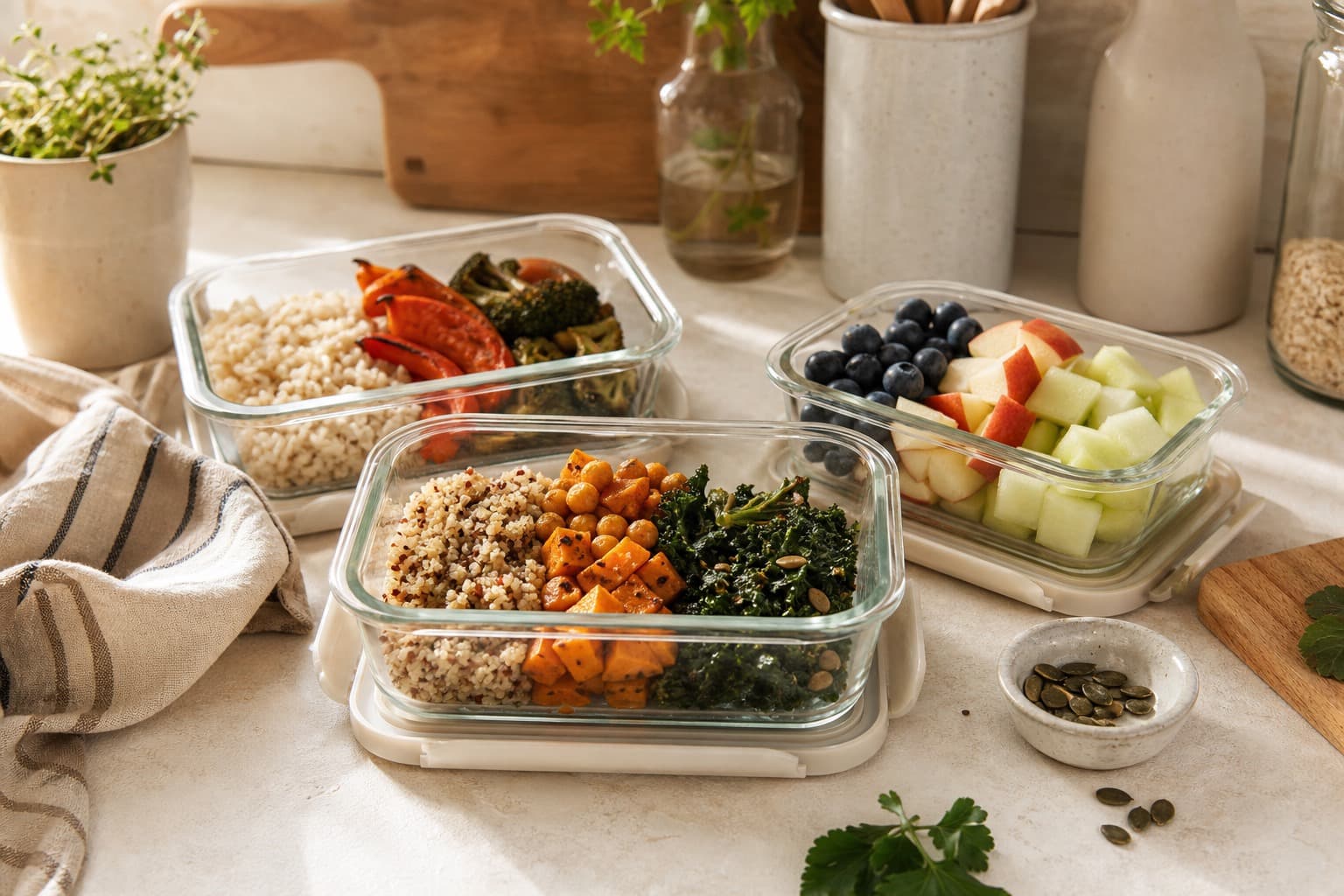 Glass meal prep containers filled with grains, roasted vegetables, greens, and fruit on a warm cream kitchen counter.