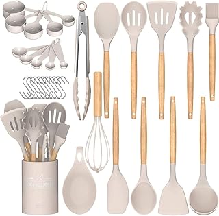Umite Chef 33 pcs Kitchen Cooking Utensils Set with Holder, Wooden Handle, Khaki
