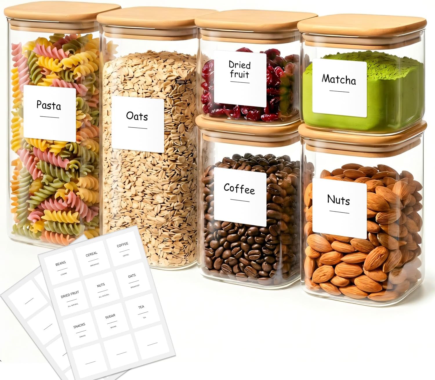 6-Pack Square Glass Pantry Storage Containers with Lids (1.9/1.2/0.6 Qt)