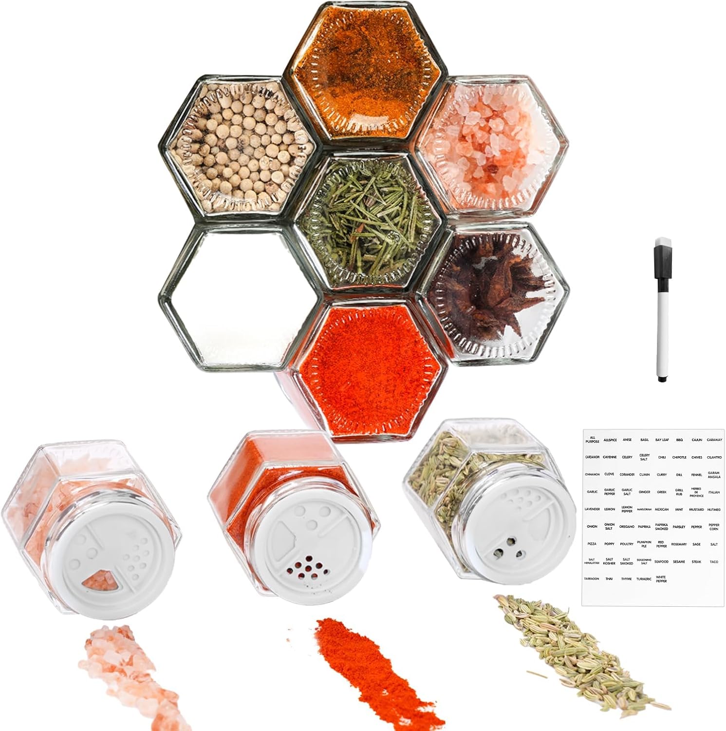 Set of 10 Glass Hexagon Magnetic Spice Jars