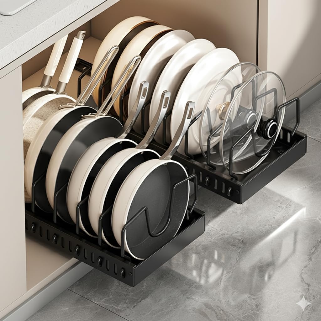 Pots and Pans Organizer with Horizontal and Vertical Pull-Out Modes
