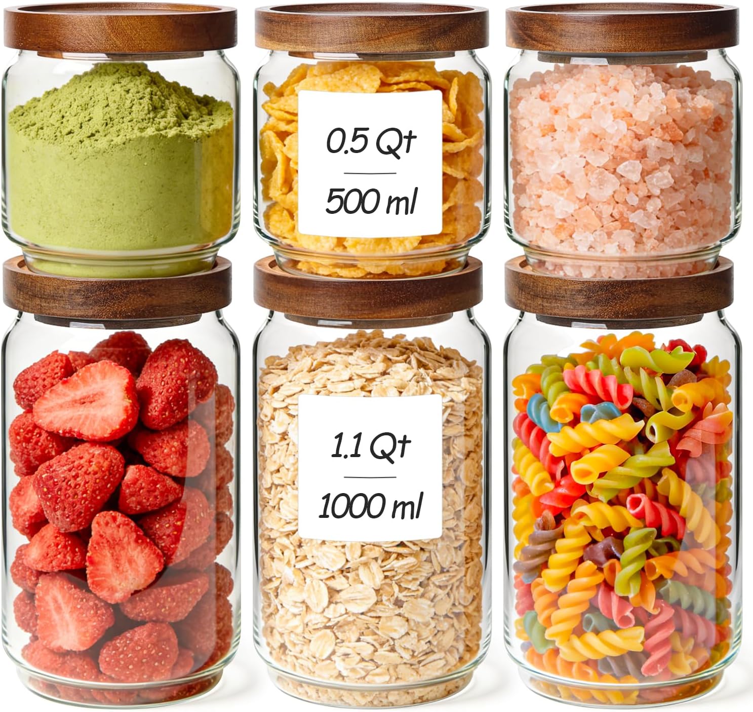 ComSaf 6PCS Glass Pantry Storage Container with Acacia Wood Lid