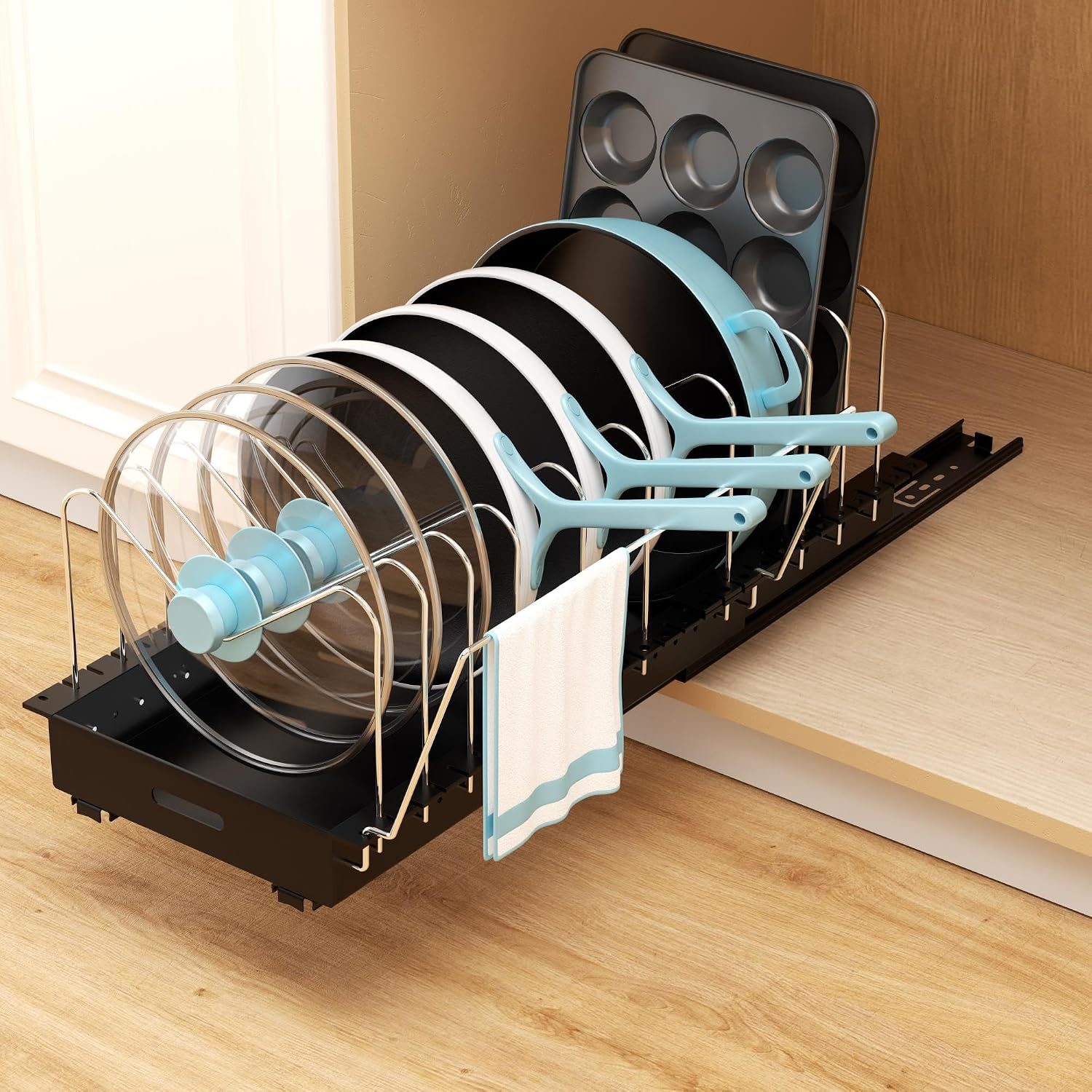 22" Deep Expandable Pot Organizer with Handrail, No-Drill