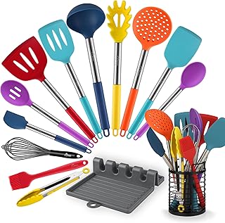HOTEC 446F Heat Resistant Silicone Kitchen Utensils, 14pcs with Holder, Multicolor
