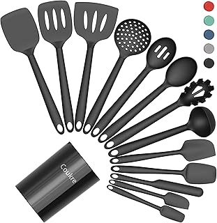 Coukre Silicone Kitchen Cooking Utensils Set with Holder, 14pc, PureBlack